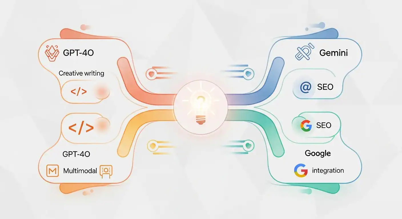GPT-4o and Gemini Google integration diagram showing creative writing, SEO, and multimodal capabilities.